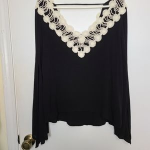 Entro V-Neck Top with Lace and Split Bell Sleeve